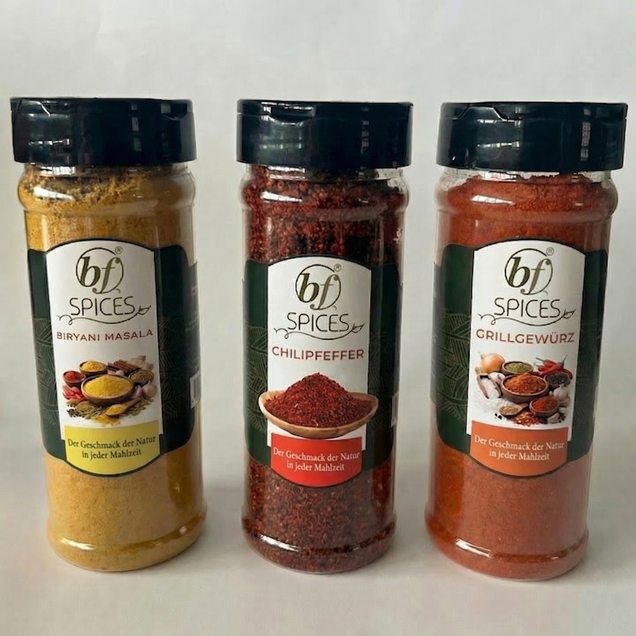 BF Spices branded glass jar spices